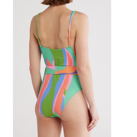 Hutch Multicolor Belted One Piece belted Swimsuit swim pink blue green small - Picture 2 of 5